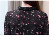 Spliced Long Flare Sleeve Black Floral Blouse