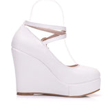 Designer Casual Wear High Heel Platform Round Toe Cross Tie Wedge Shoes - TravelStyle