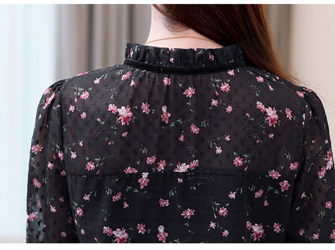 Spliced Long Flare Sleeve Black Floral Blouse