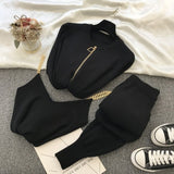 Zipper Knitted Cardigans Pants Sets