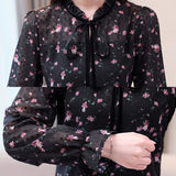 Spliced Long Flare Sleeve Black Floral Blouse