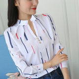 White Stripe Print Long Sleeve Blouse